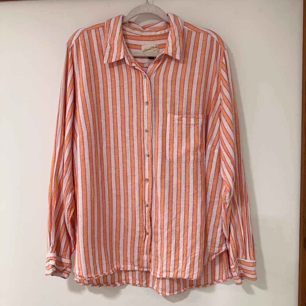 Universal Thread Striped Button Down Women XXL Orange Pink Linen Blend | Coastal
